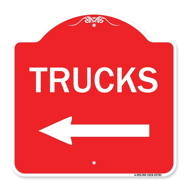 Signmission Trucks Sign Trucks W/ Left Arrow, Red & White Aluminum Architectural Sign, 18" x 18", RW-1818-22781 A-DES-RW-1818-22781 - main